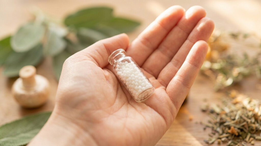 Main tenant un flacon de granules homéopathiques. En arrière-plan flou, des feuilles vertes et herbes séchées évoquent des remèdes naturels.