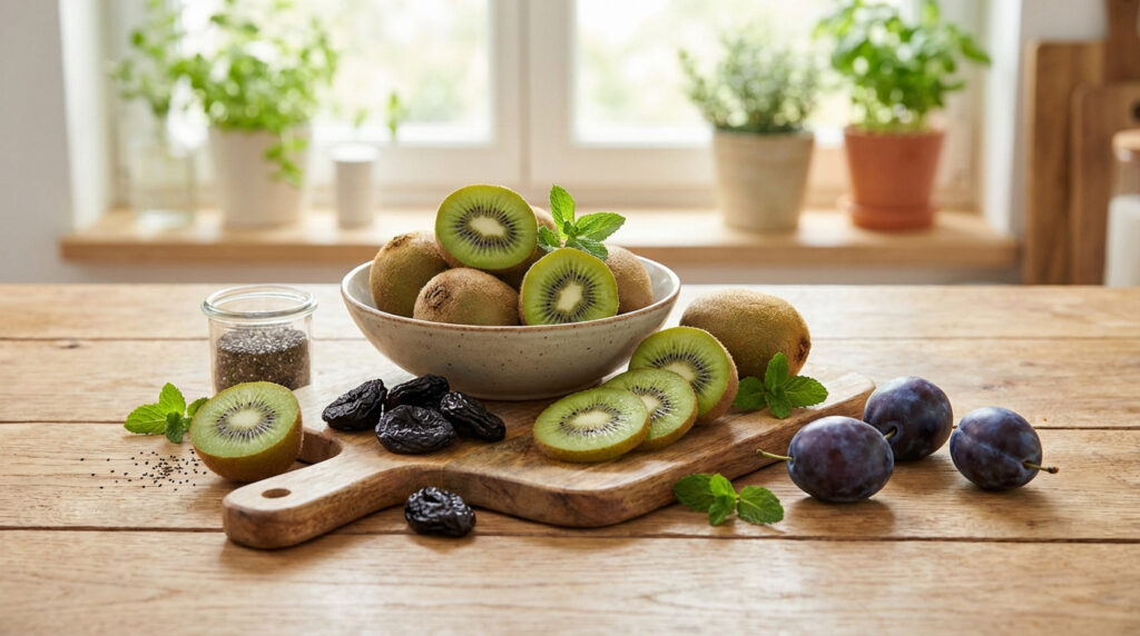 Composition de kiwis, prunes (fraîches et séchées) et graines de chia sur une table en bois clair, avec de la menthe.