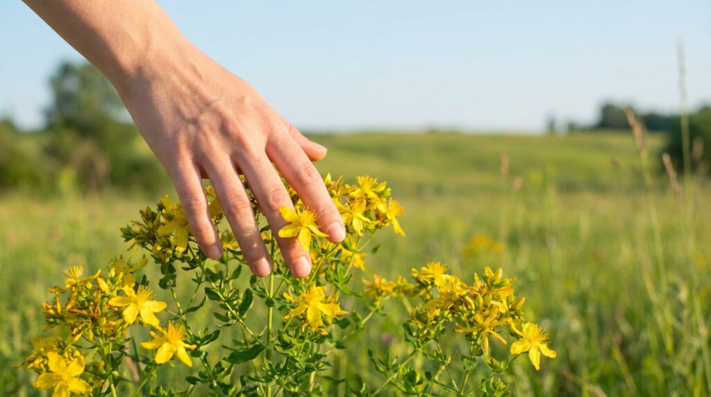 Une main effleure délicatement les fleurs jaunes vives du millepertuis dans un champ verdoyant sous un ciel clair et lumineux.
