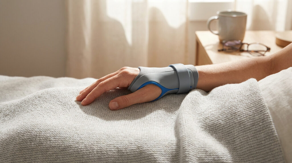 Main portant une attelle ergonomique grise et bleue, posée sur une couverture douce. Tasse et lunettes sur table.