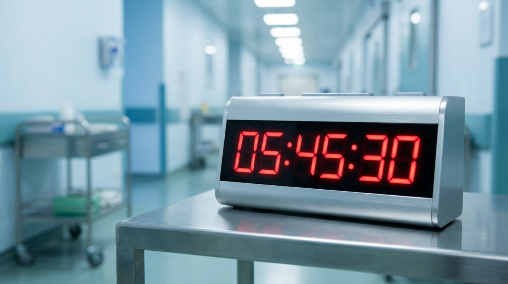 Horloge numérique affichant 05:45:30 sur une surface métallique, avec un couloir d'hôpital stérile et un chariot médical en arrière-plan flou.