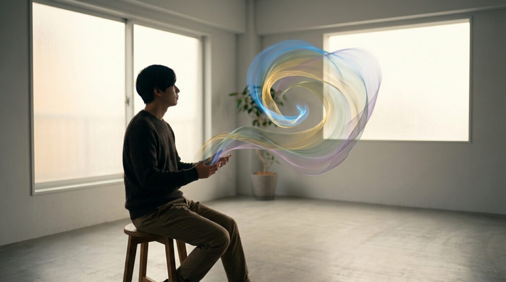 Un homme contemple un cœur d'énergie lumineuse et multicolore sortant de ses mains, évoquant les sentiments et l'introspection.