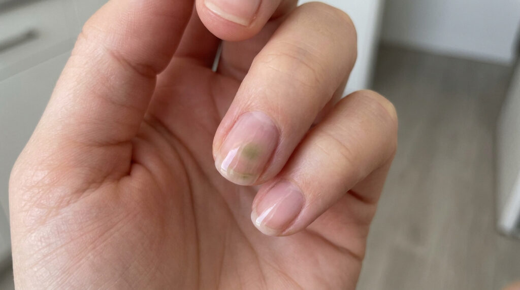 Gros plan sur une main montrant un ongle du majeur avec une tache verte, signe d'une possible infection ou moisissure. Les autres ongles sont clairs.