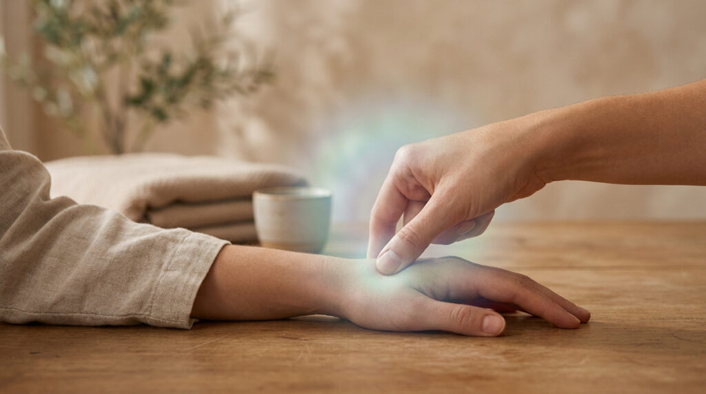 Une main appuie sur un point lumineux au poignet d'une autre personne, symbolisant un point d'acupuncture pour le bien-être.
