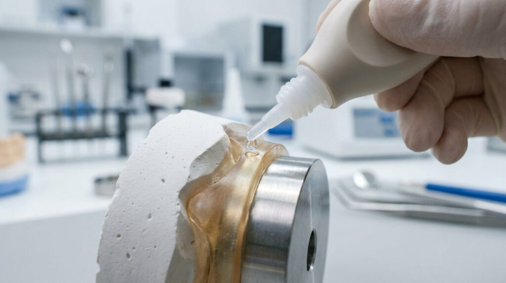 Une main gantée applique une goutte de colle dentaire transparente sur un modèle de prothèse en plâtre, résine et métal, dans un laboratoire.