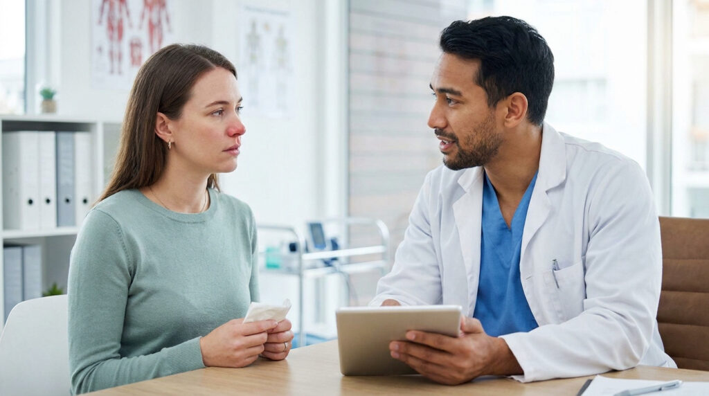 Consultation médicale : une patiente enrhumée avec le nez rouge écoute un médecin expliquant des informations sur une tablette.