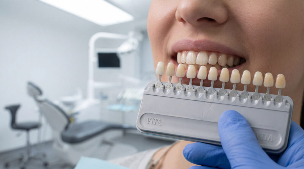 Gros plan sur un dentiste choisissant la teinte d'une couronne dentaire à l'aide d'un nuancier VITA, face aux dents d'un patient.