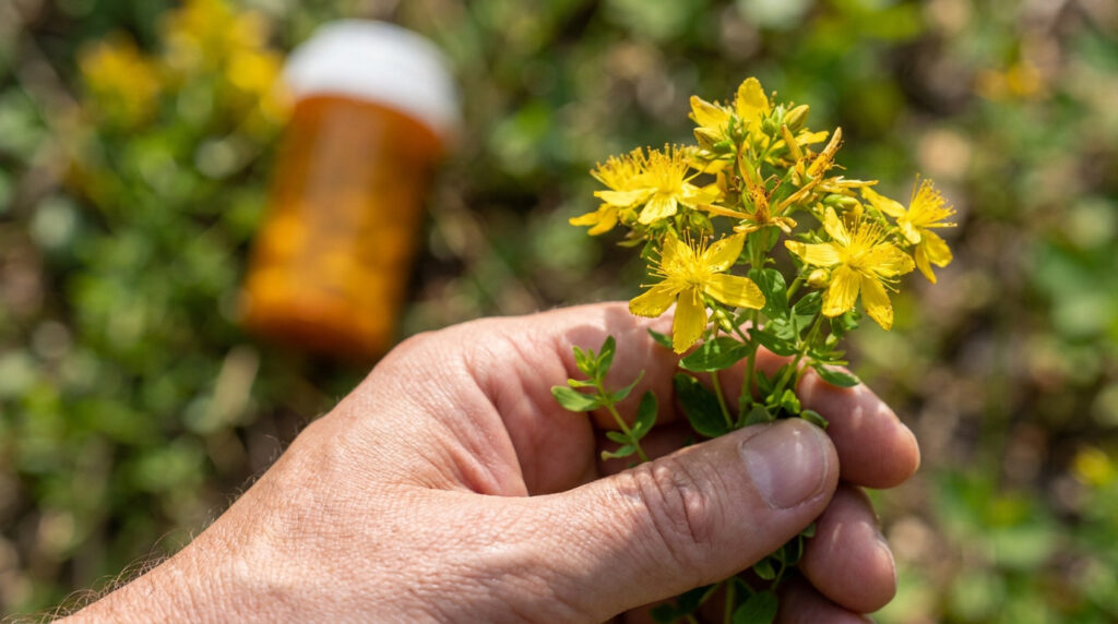 Une main tenant des fleurs jaunes de millepertuis avec un flacon de médicaments flou en arrière-plan.