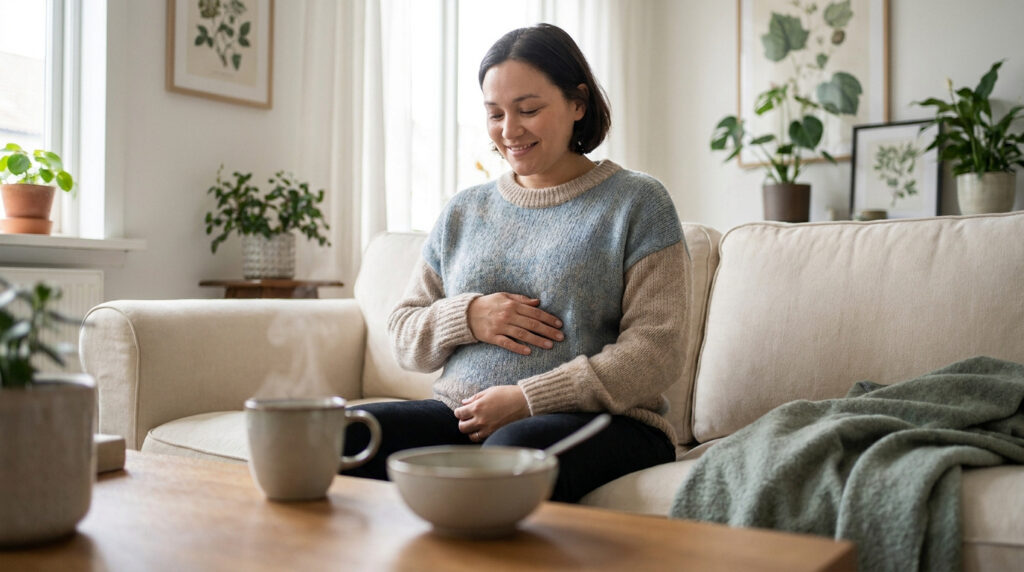 Femme soulageant des maux de ventre après une coloscopie, assise sur un canapé avec une boisson chaude et un repas léger.