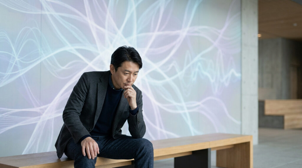 Homme asiatique pensif assis sur un banc devant un mur lumineux abstrait. Sa pose suggère une profonde réflexion sur la santé.