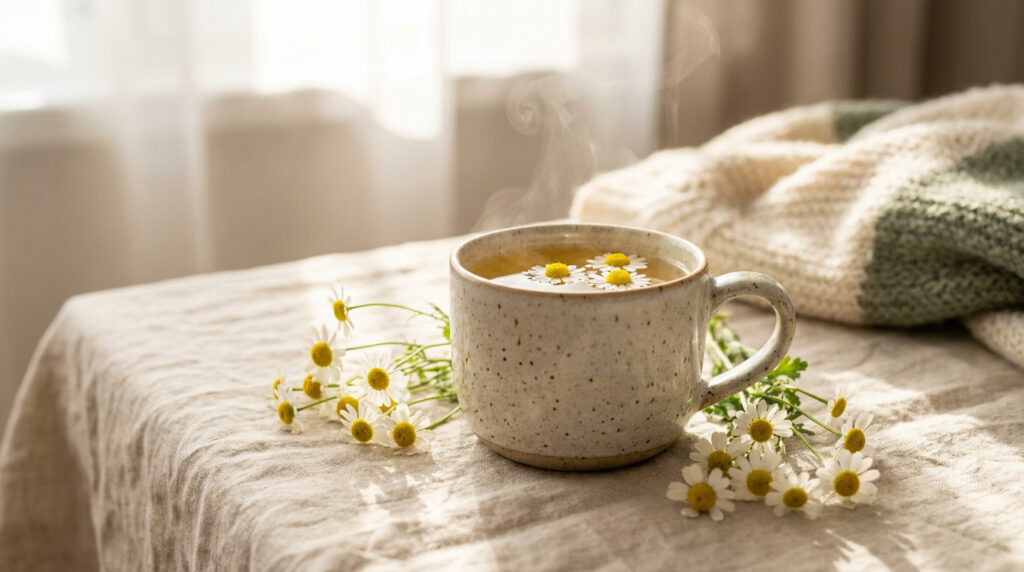 Tasse de tisane de camomille fumante entourée de fleurs fraîches sur une nappe en lin.