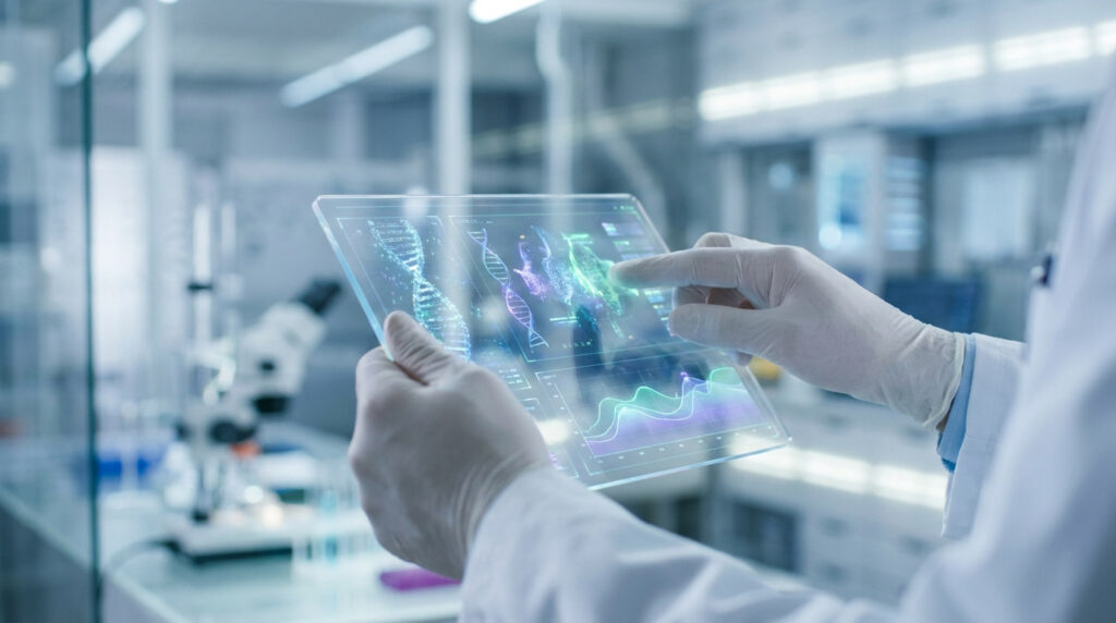 Un chercheur examine des données génétiques sur une tablette transparente dans un laboratoire médical moderne.