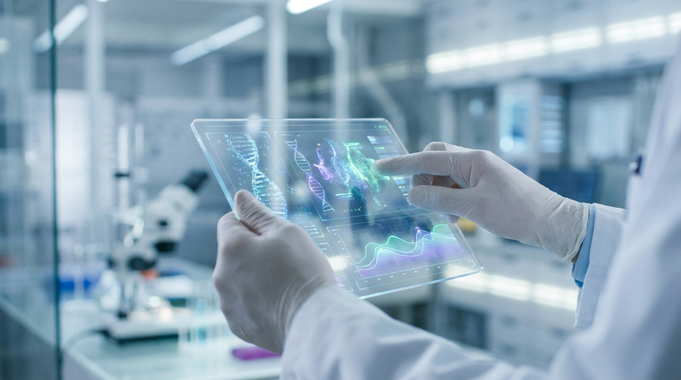 Un chercheur examine des données génétiques sur une tablette transparente dans un laboratoire médical moderne.