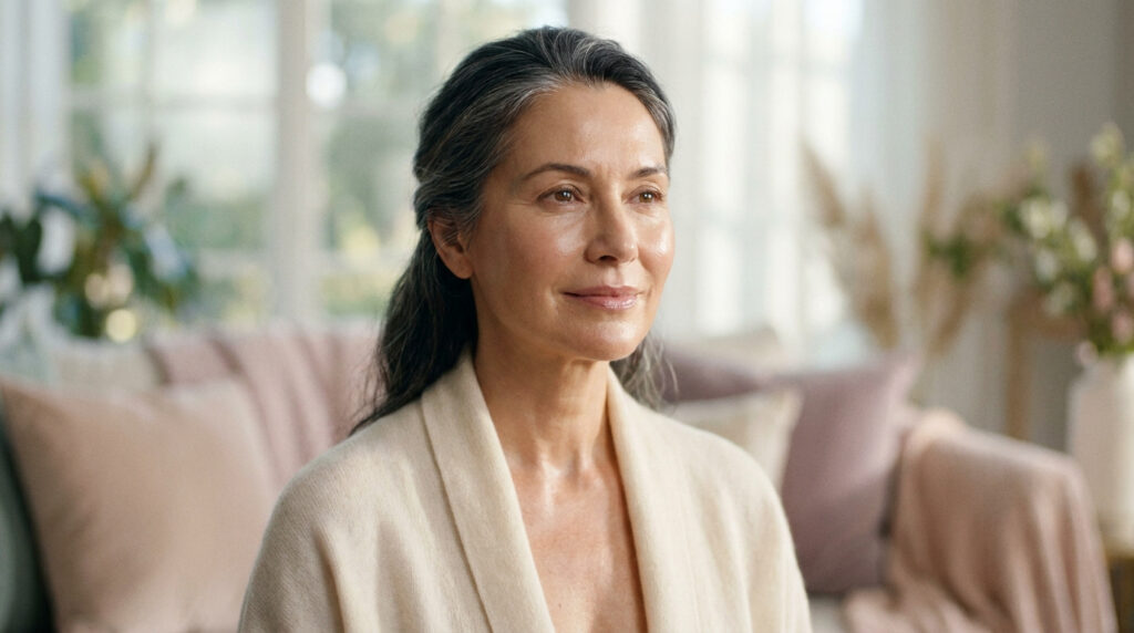Portrait d'une femme mature aux cheveux gris naturels et à la peau rayonnante dans un intérieur lumineux.
