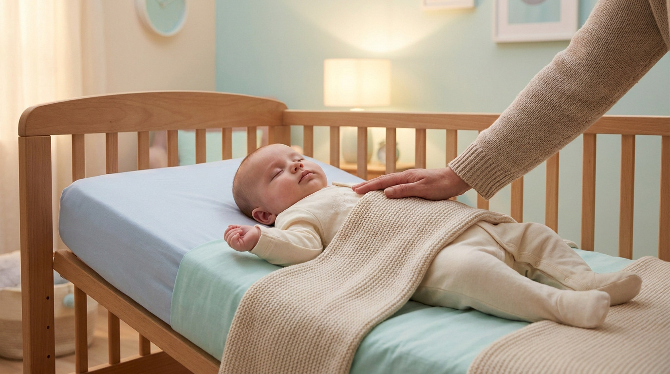 Un bébé dort sur le dos dans un lit à barreaux tandis qu'une main d'adulte le rassure doucement.