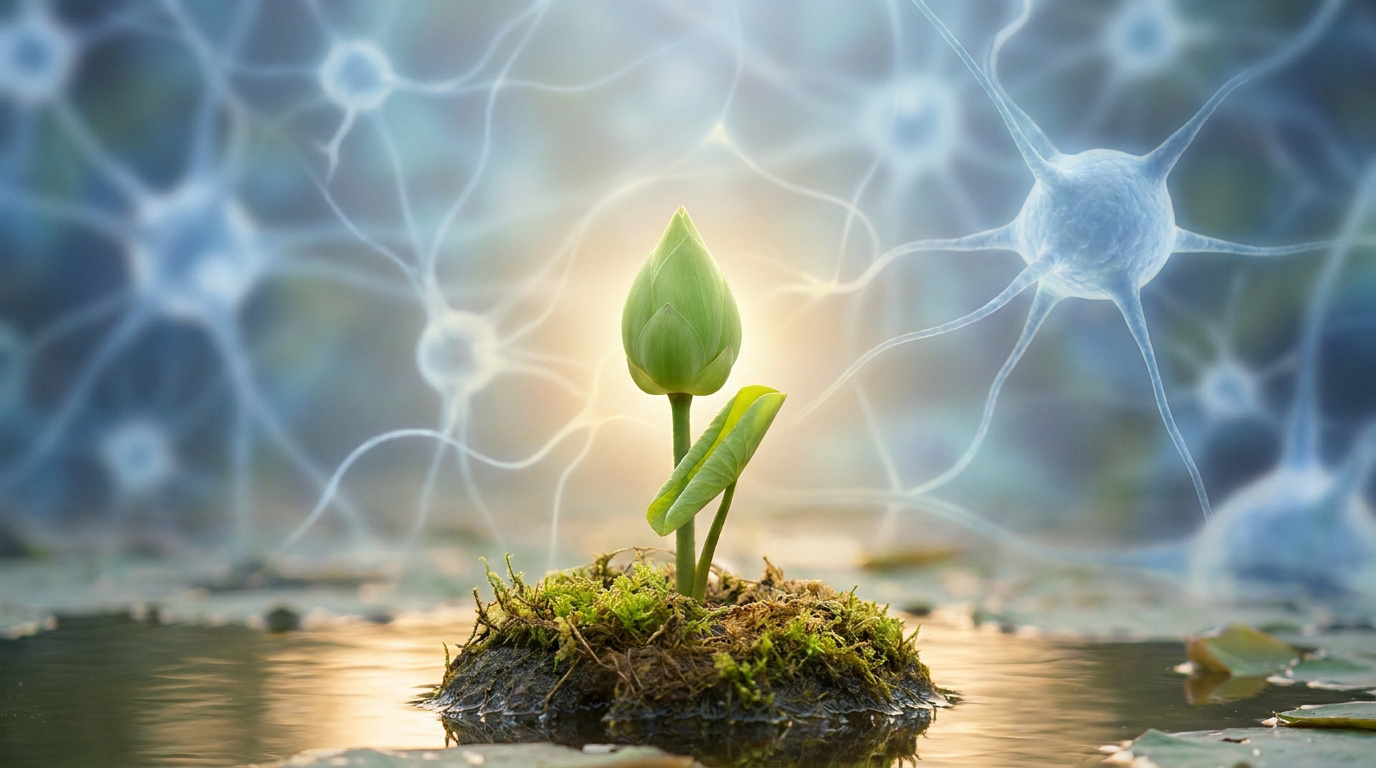 Un bouton de fleur de lotus émerge d'un îlot de mousse entouré par une représentation graphique de réseaux neuronaux.