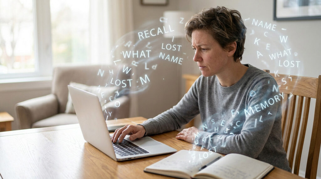 Une personne devant un ordinateur, entourée de lettres et mots flottants, illustrant la difficulté de trouver ses mots.