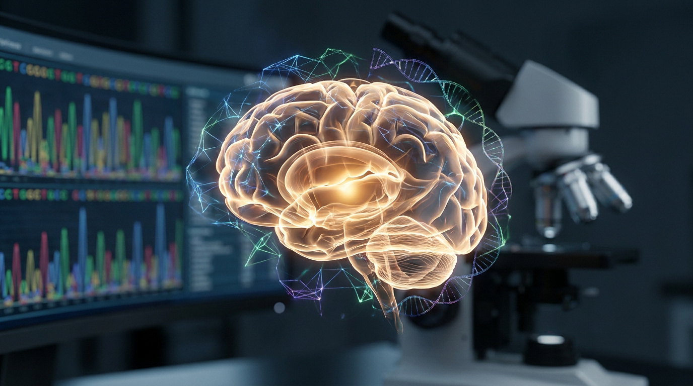 Représentation 3D d'un cerveau humain entouré d'une hélice d'ADN devant un écran de séquençage génomique et un microscope.