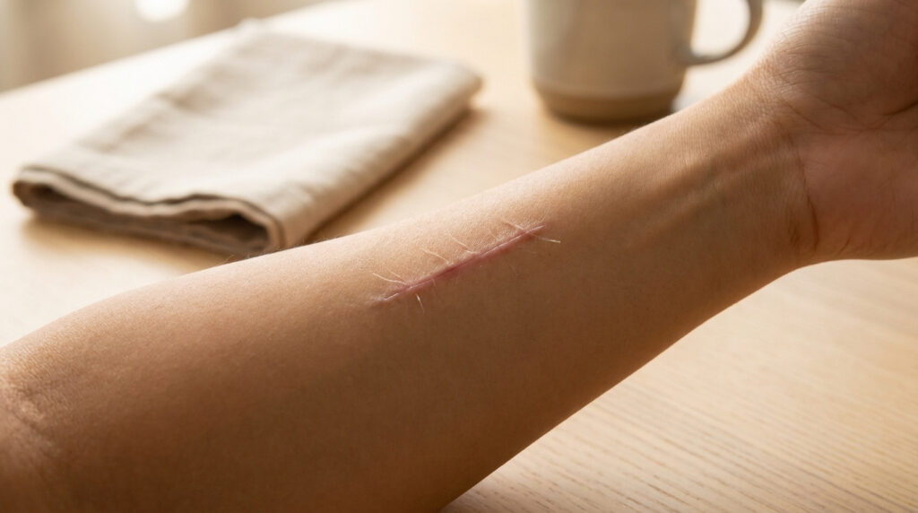 Avant-bras montrant une cicatrice avec des points de suture résorbables encore visibles sur la peau.