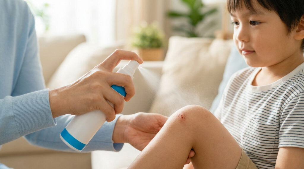 Un parent applique un spray désinfectant sur la plaie au genou d'un jeune enfant.