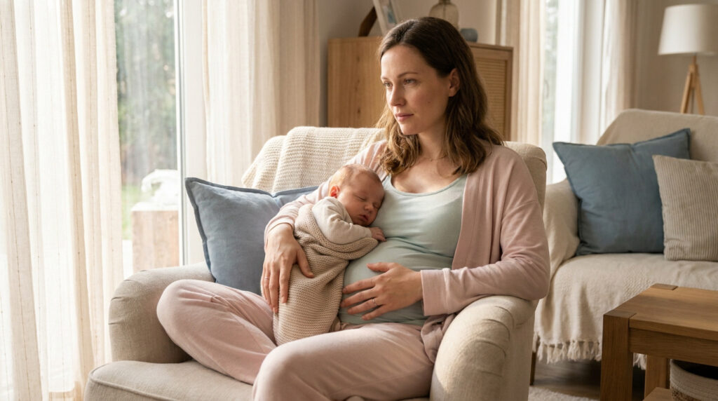 Une femme enceinte assise dans un fauteuil tenant un nouveau-né endormi contre elle dans un intérieur chaleureux.