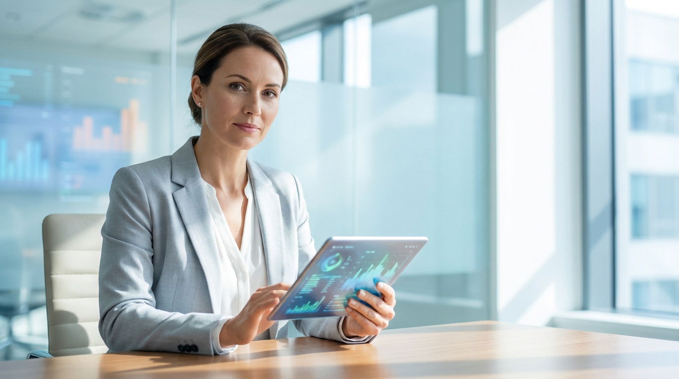 Une femme d'affaires en blazer gris utilisant une tablette tactile avec des graphiques numériques dans un bureau moderne.