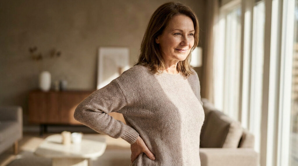 Femme d'âge mûr pensive portant un pull beige, debout dans un salon lumineux.
