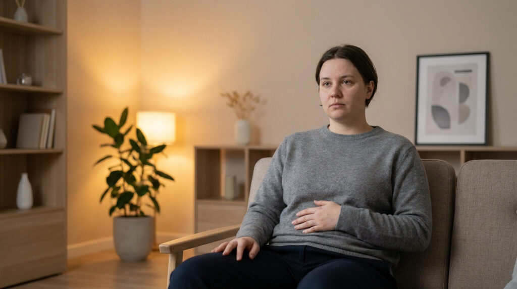 Une femme assise sur un canapé, l'air préoccupé, tenant sa main sur son abdomen.