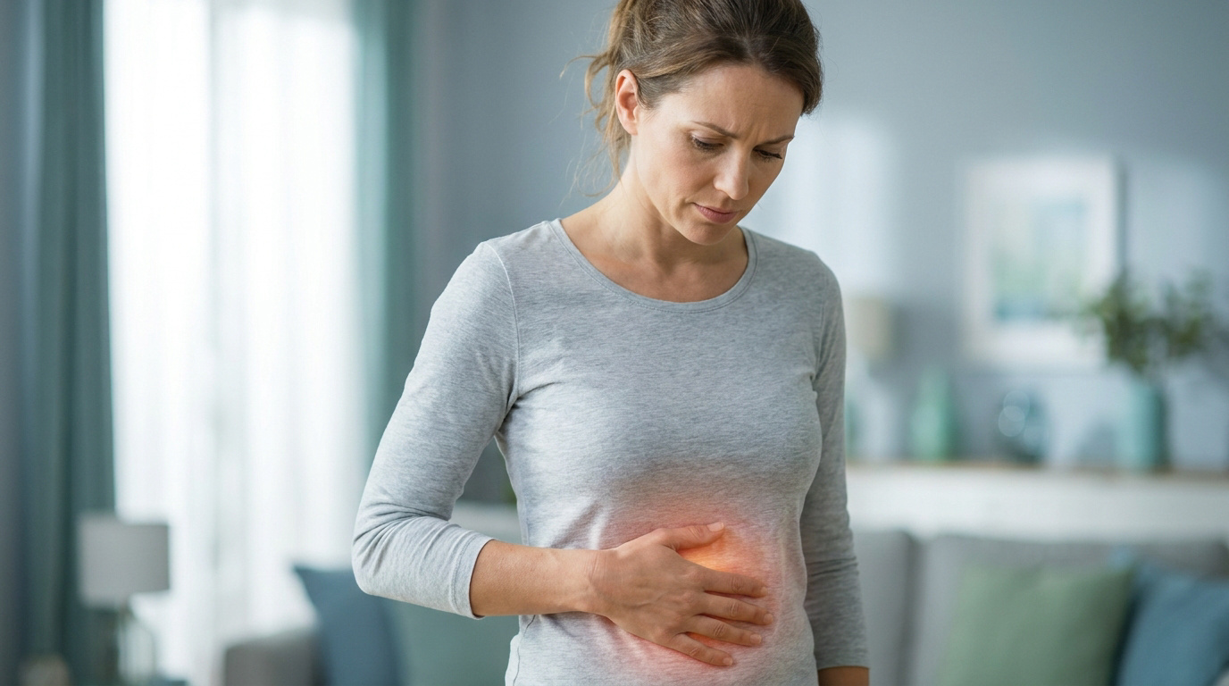 Une femme souffrant de douleurs abdominales avec une zone rouge lumineuse sur le ventre.