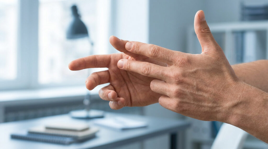 Mains d'une personne effectuant des mouvements articulés complexes dans un bureau.