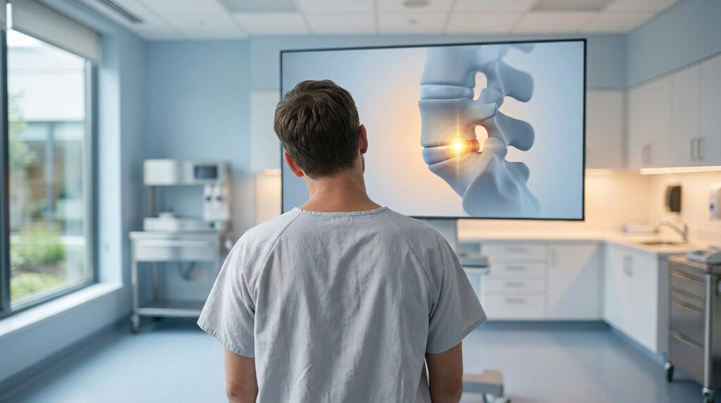 Un patient en blouse médicale regarde une image numérique 3D montrant une hernie discale douloureuse sur un écran.
