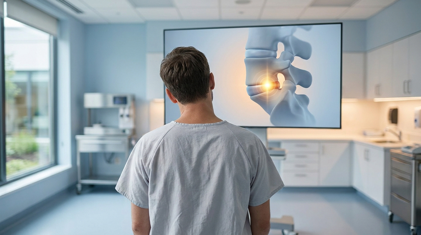 Un patient en blouse médicale regarde une image numérique 3D montrant une hernie discale douloureuse sur un écran.