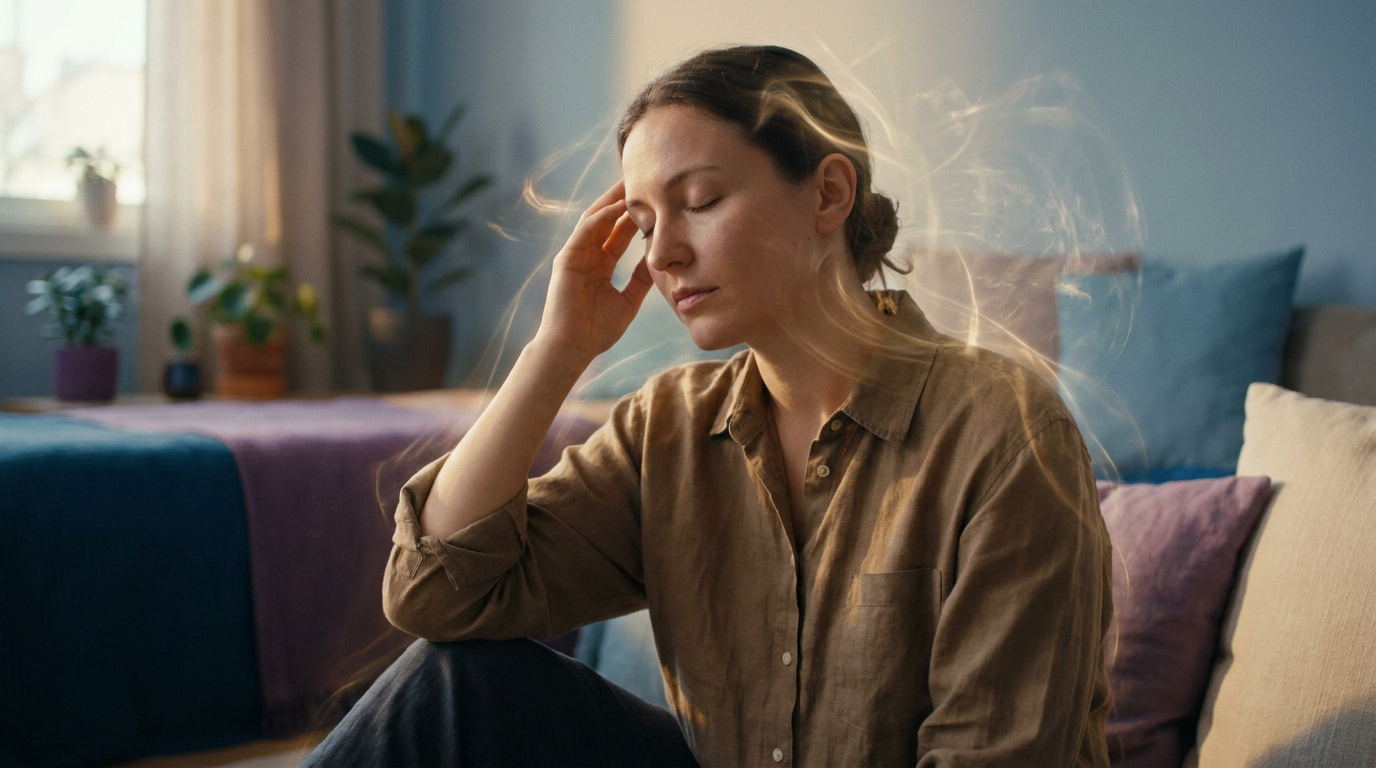 Une femme assise, les yeux fermés, touchant sa tempe avec une aura lumineuse autour de sa tête dans un salon.