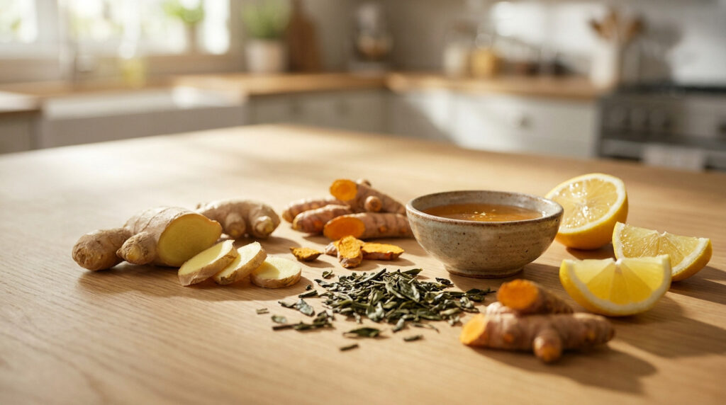 Gingembre, curcuma, thé vert et citron sur une table de cuisine en bois pour des soins naturels.