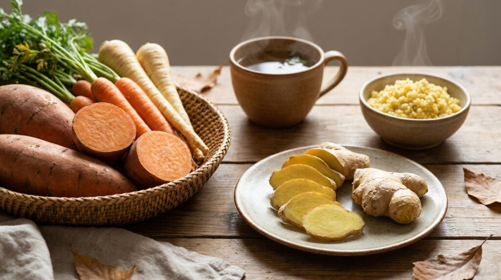 Panier de légumes racines, gingembre frais, bol de millet et tasse de tisane fumante sur une table en bois.