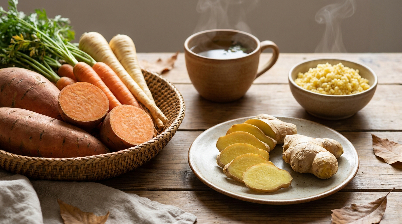Panier de légumes racines, gingembre frais, bol de millet et tasse de tisane fumante sur une table en bois.