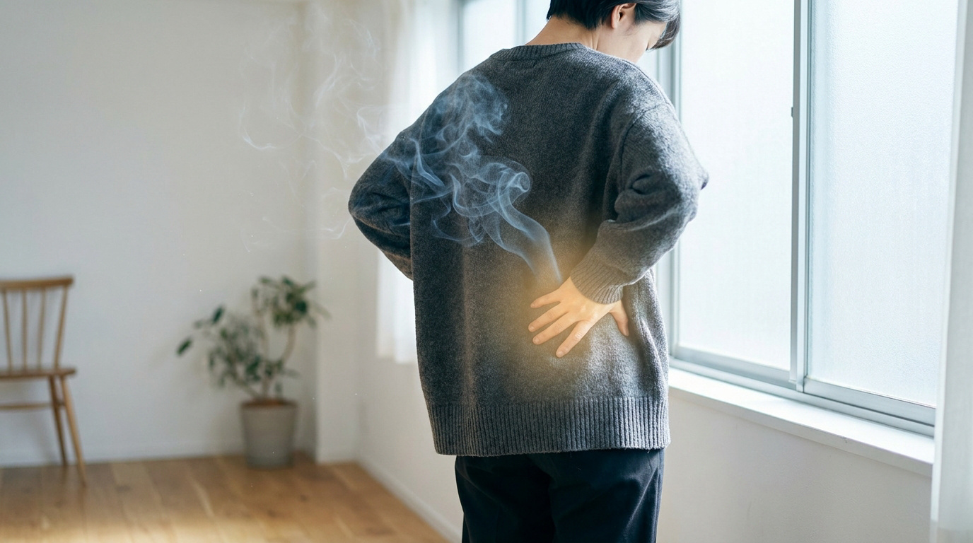 Une personne souffrant du bas du dos avec de la fumée s'en dégageant pour illustrer une inflammation intense.