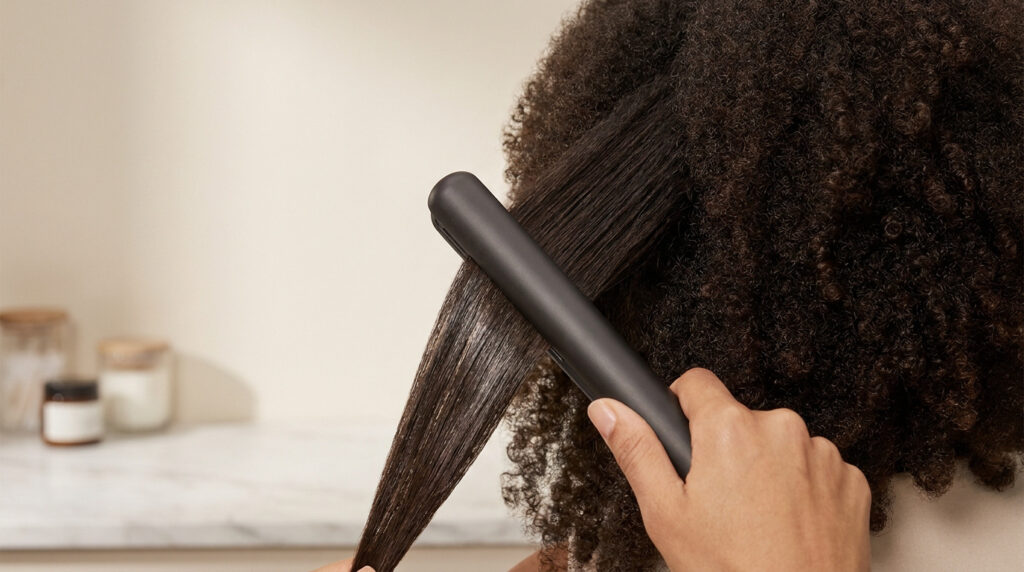 Une main utilise un lisseur noir pour lisser une mèche de cheveux afro naturellement bouclés et texturés.