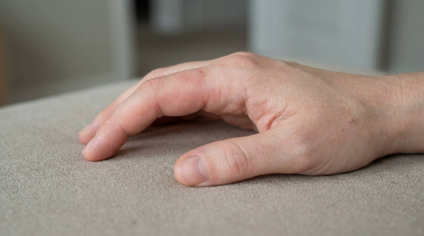 Main humaine posée sur une surface beige, montrant un index enflé avec une légère rougeur sur la phalange.