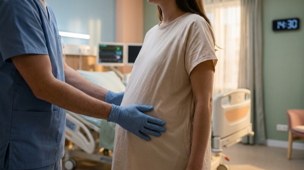 Un soignant en tenue bleue avec des gants examine le ventre d'une femme enceinte dans une chambre d'hôpital.