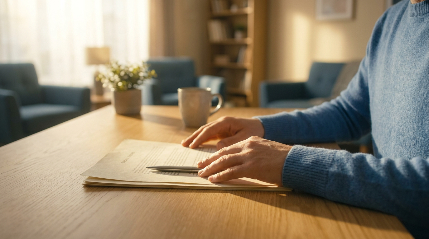 Une personne en pull bleu relit des documents juridiques sur une table en bois dans un salon lumineux.