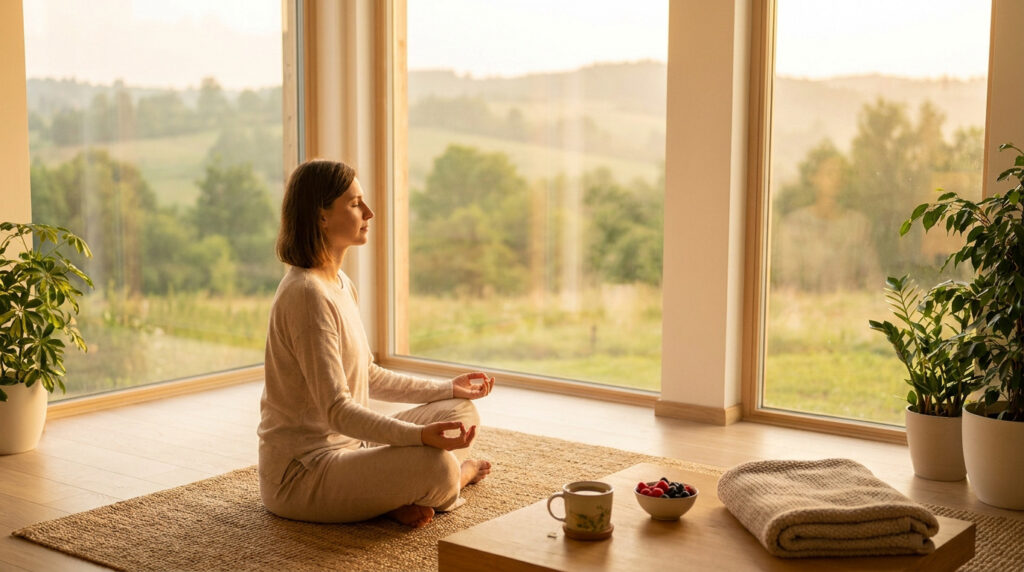 Une femme méditant en position du lotus devant une grande fenêtre avec vue sur la nature.