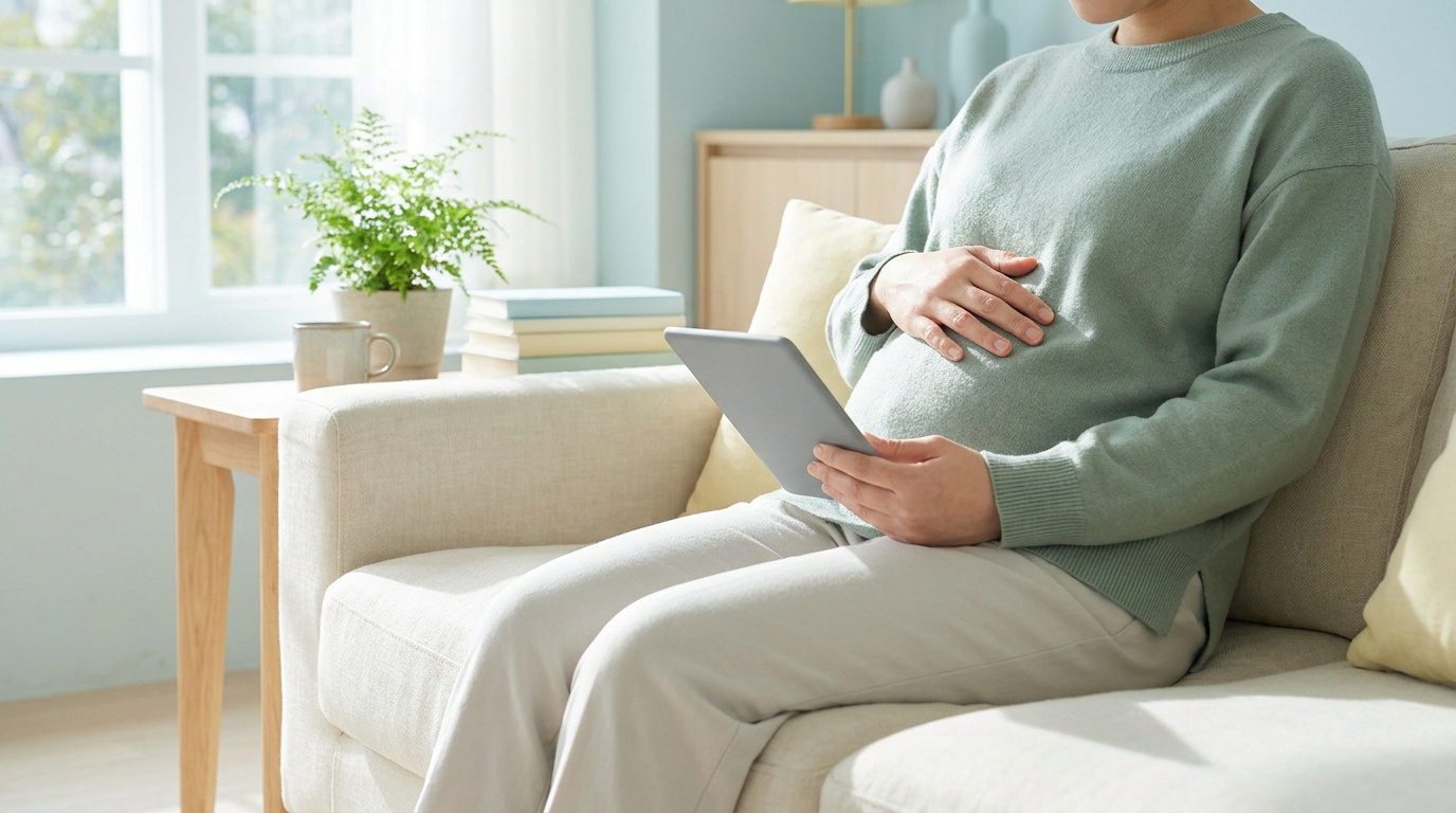 Une femme enceinte assise sur un canapé, tenant une tablette numérique et posant sa main sur son ventre.