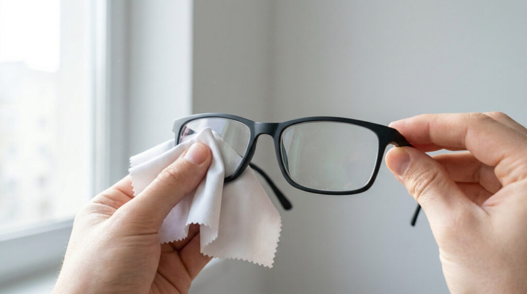 Mains nettoyant les verres de lunettes avec un chiffon en microfibre doux.