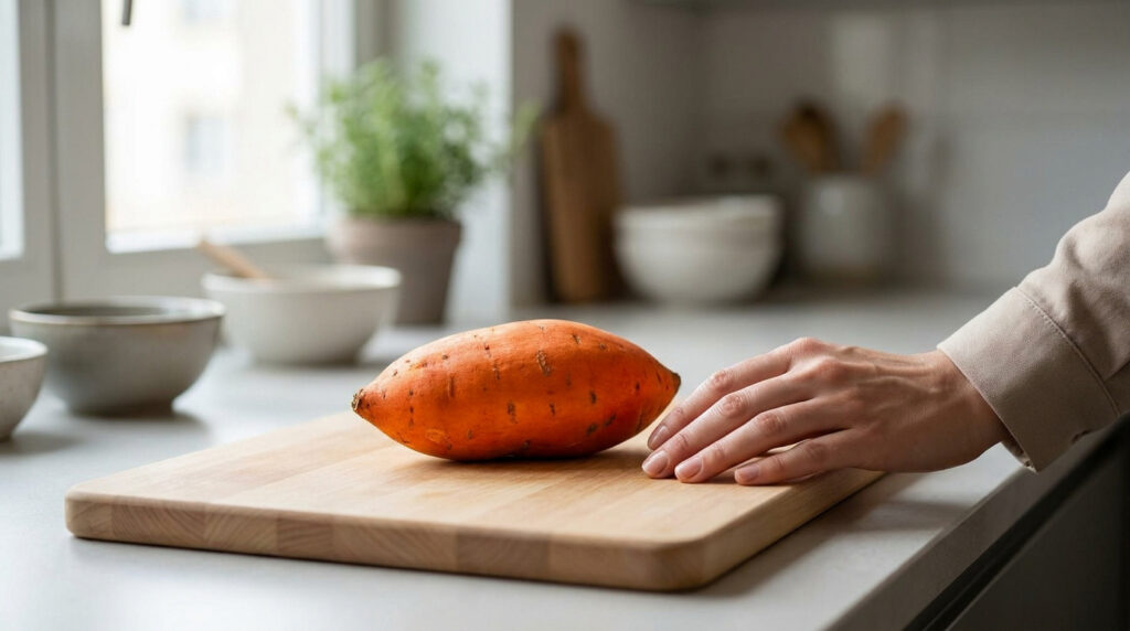 Une main s'apprête à toucher une patate douce posée sur une planche à découper en bois dans une cuisine.