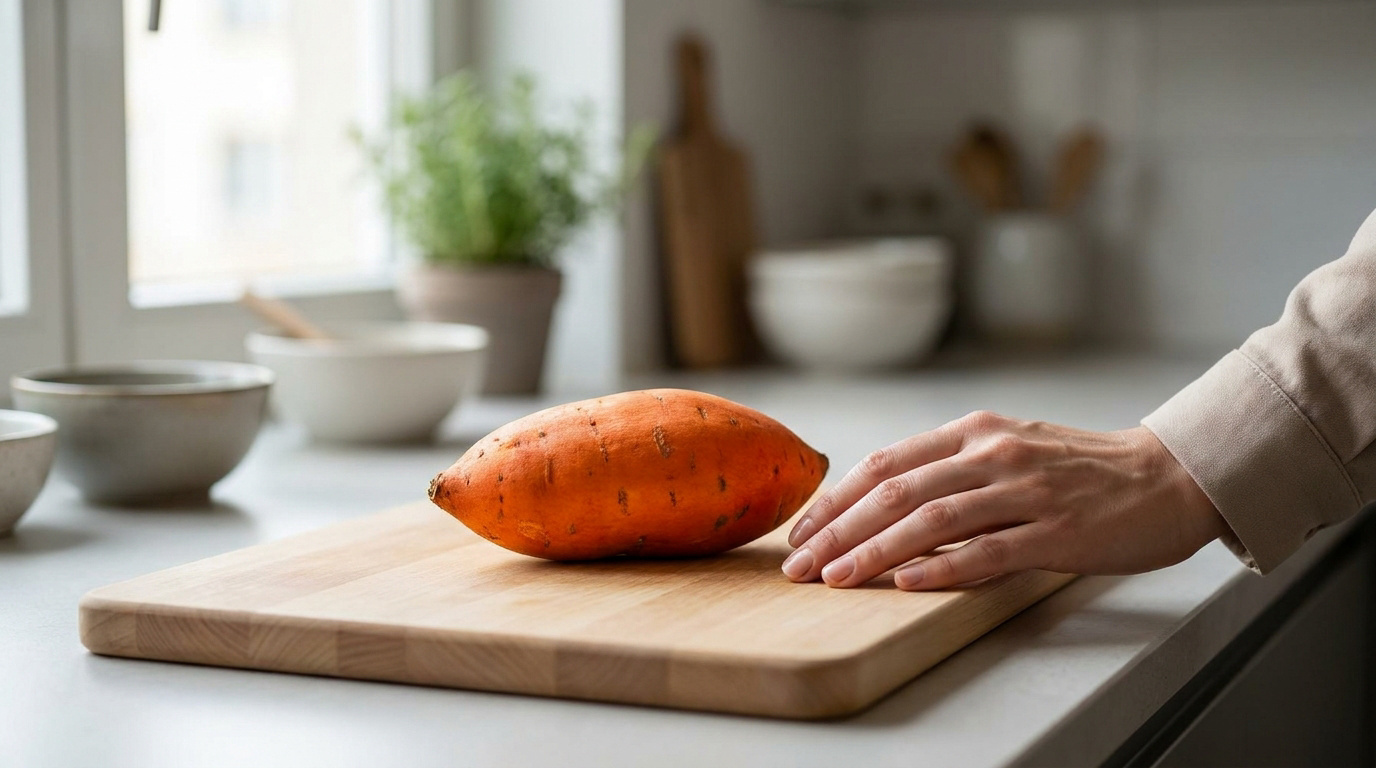 Une main s'apprête à toucher une patate douce posée sur une planche à découper en bois dans une cuisine.