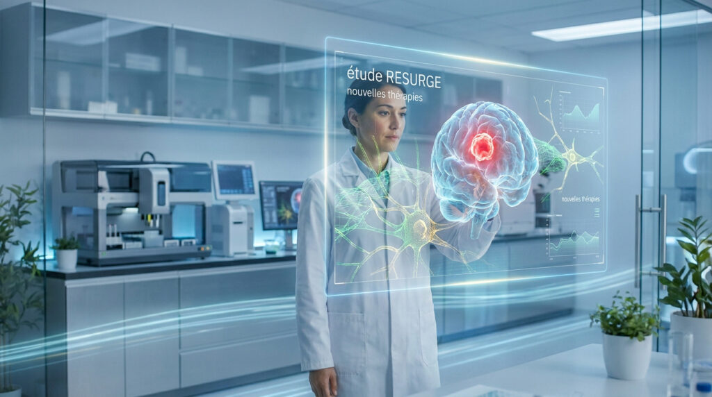 Une scientifique examine une interface holographique montrant un cerveau avec une tumeur pour l'étude RESURGE.