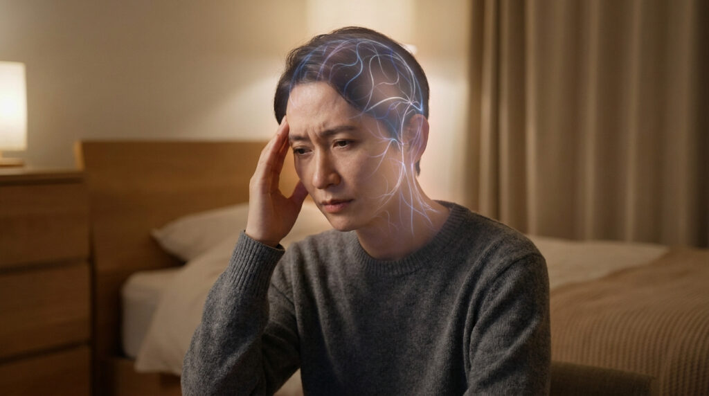 Une personne assise dans une chambre tenant sa tête avec des effets lumineux représentant une douleur nerveuse.