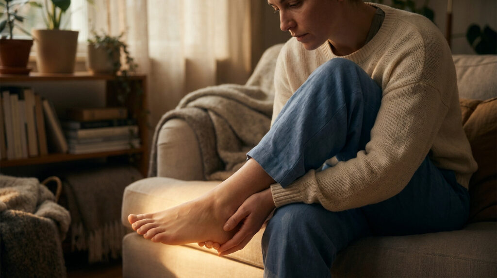 Une personne assise sur un canapé gratte son pied gauche avec attention dans un salon lumineux.