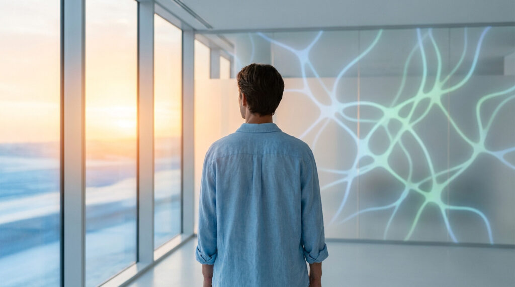 Un homme regarde un coucher de soleil et une projection de réseau neuronal sur un mur dans un bureau moderne.